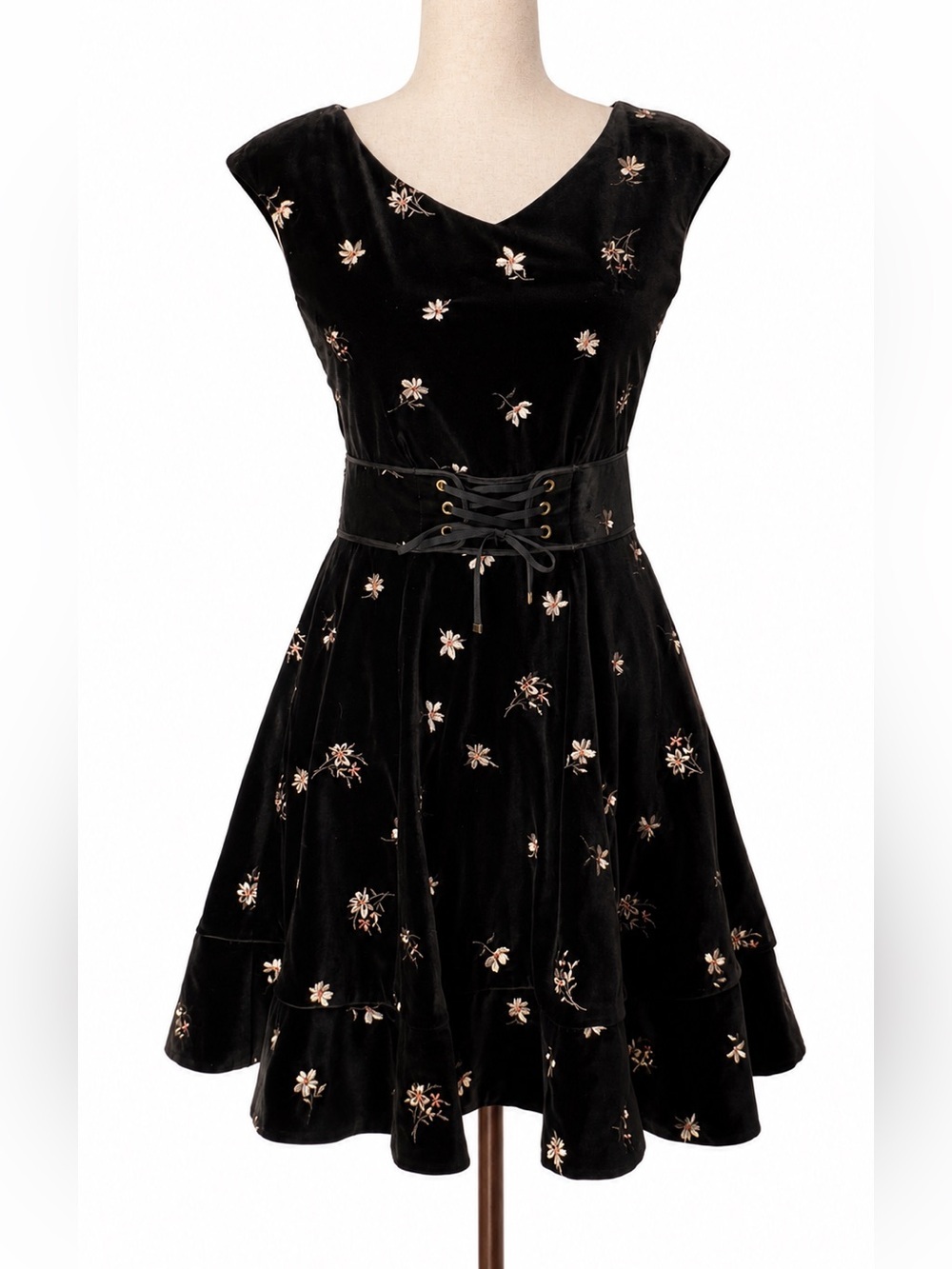 Velvet corset waist fit & flare mini dress with embroidered flowers- XS